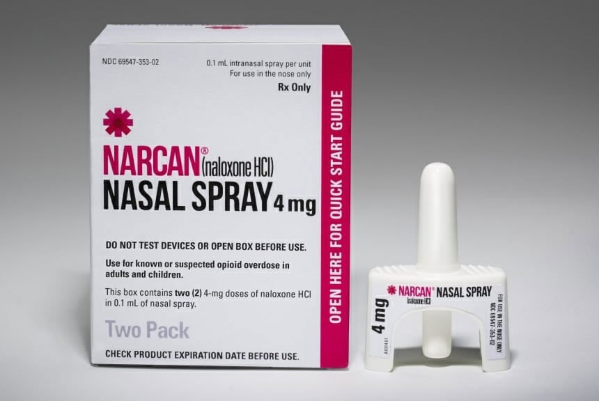 Narcan next to its box