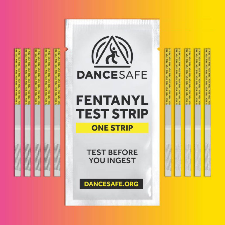 Fentanyl Test Strips, image showing a container that holds multiple fentanyl test strips